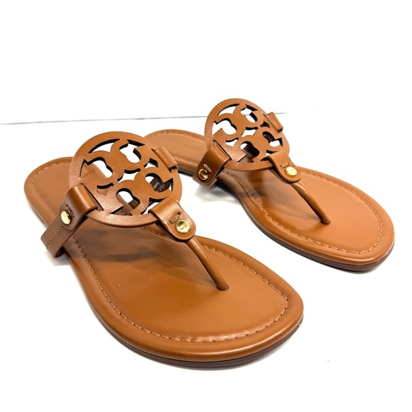 Tory Burch Miller Sandals Vachetta Tan Brown Size 7.5 Leather Logo Thong Brazil - Picture 1 of 10